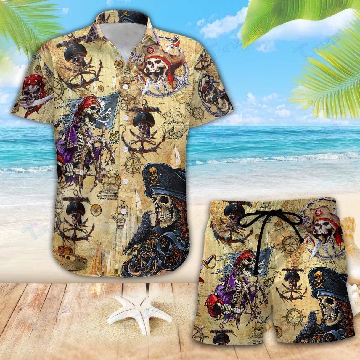 Skull Pirate Tropical Pattern Combo Summer Hawaiian Shirt