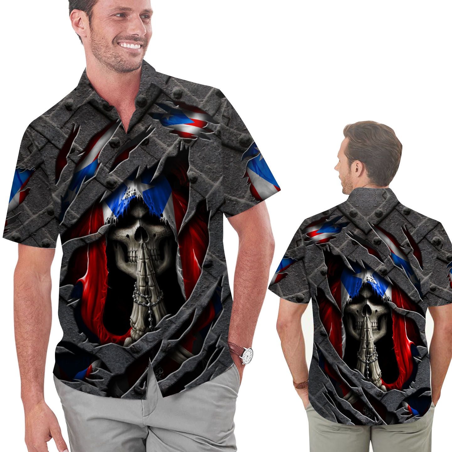 Skull Puerto Rico Flag Cracked Metal Men Hawaiian Shirt Summer Shirt