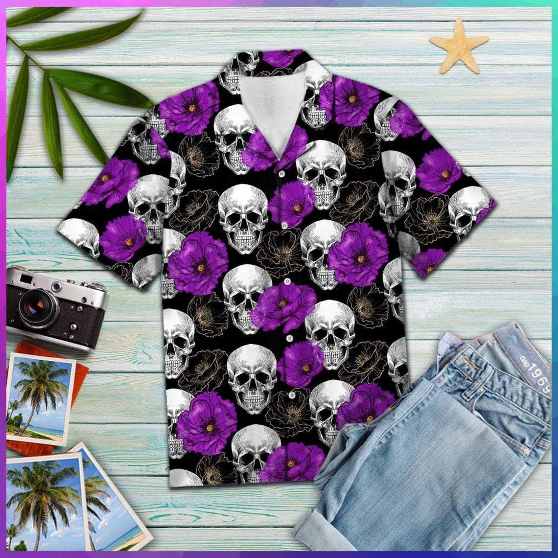 Skull Purple Flower Hawaiian Shirt For Men Women Adult Hw5177-1