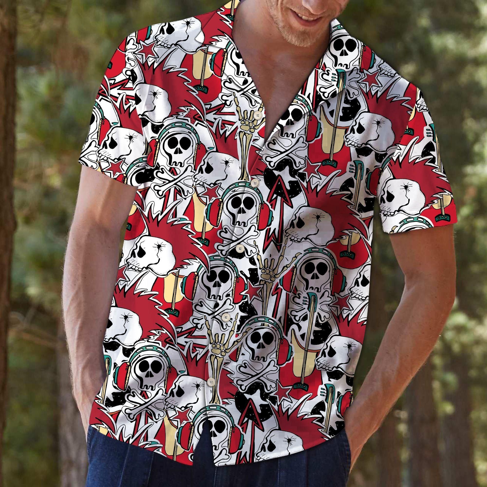 Skull Rock Roll Aloha Hawaiian Shirt Colorful Short Sleeve Summer Beach Casual Shirt