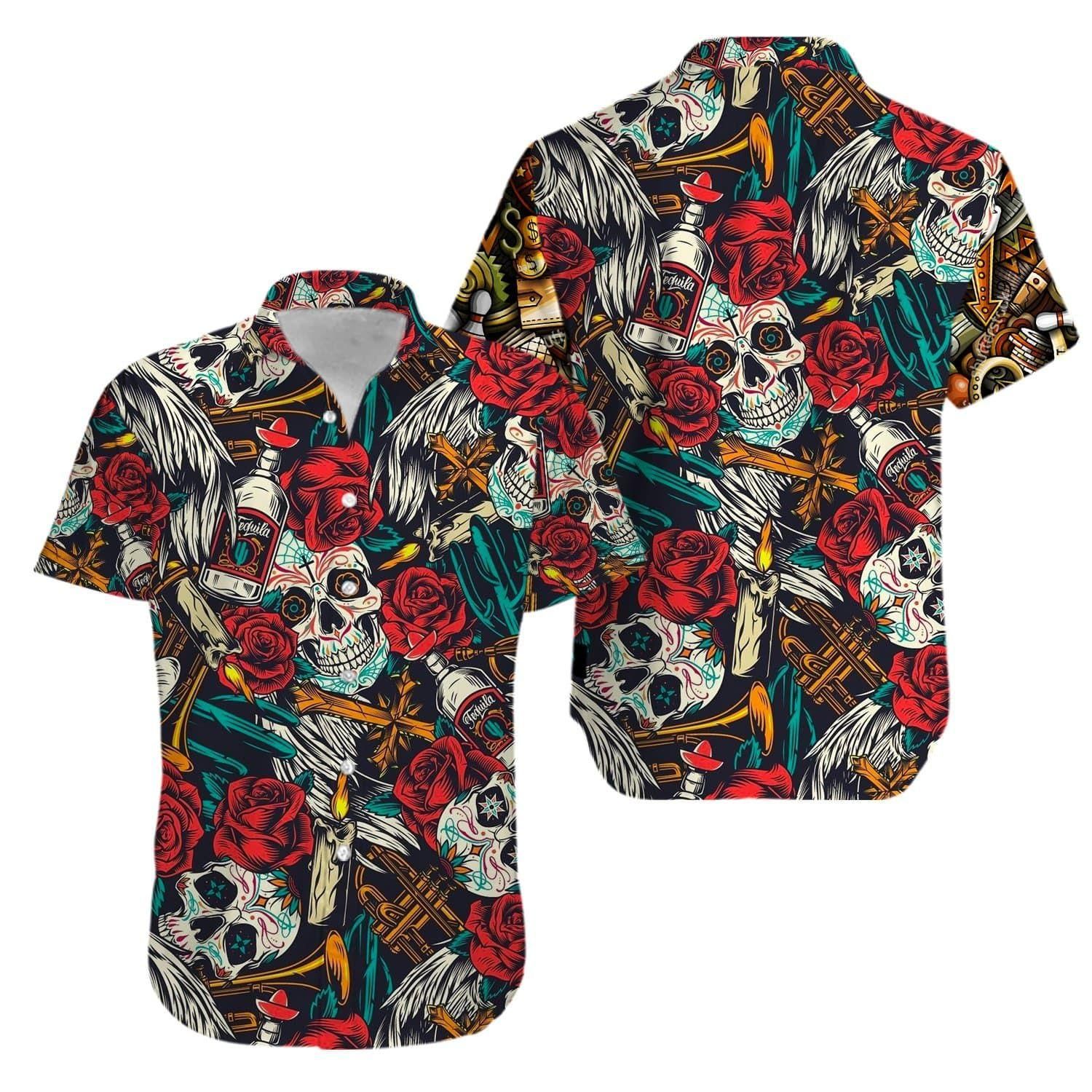 Skull Rose Alcohol Aloha Hawaiian Shirt Colorful Short Sleeve Summer Beach Casual Shirt
