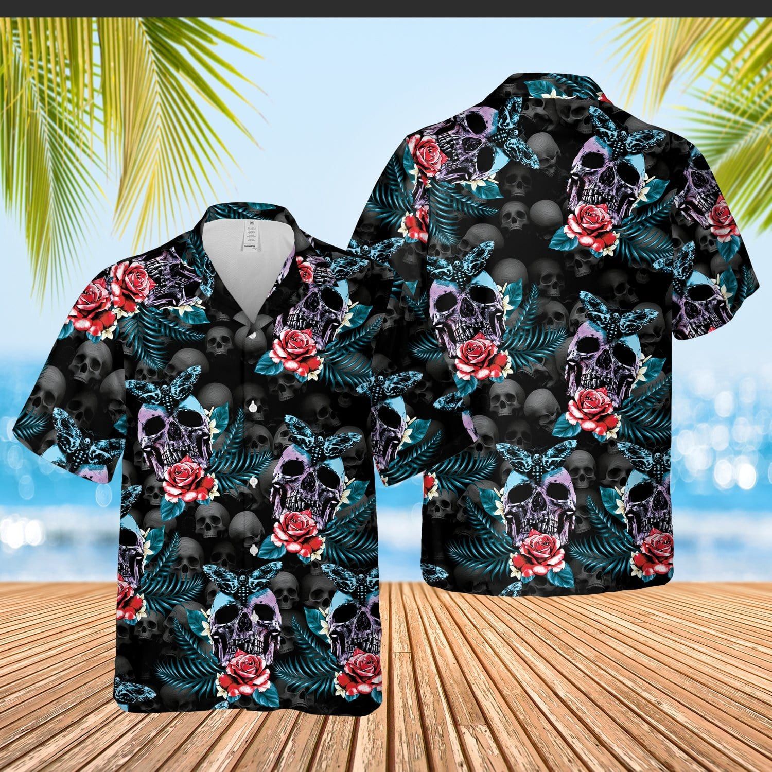 Skull Rose And Butterfly Black Aloha Hawaiian Shirt For Men Women