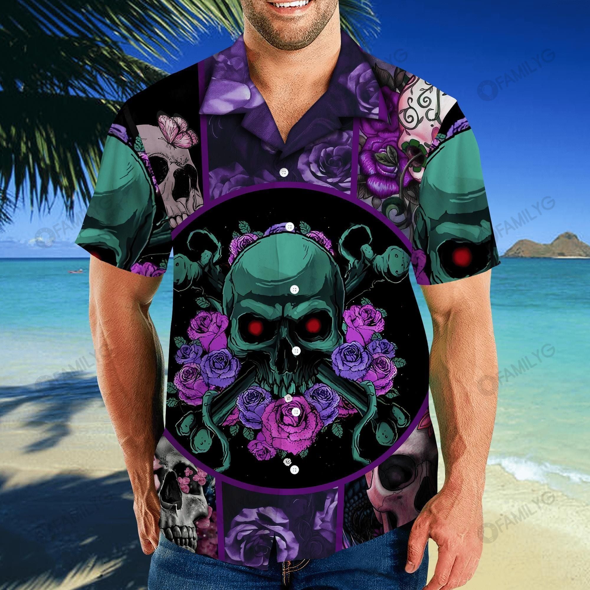 Skull Rose Purple Best Design Unisex Hawaiian Shirt