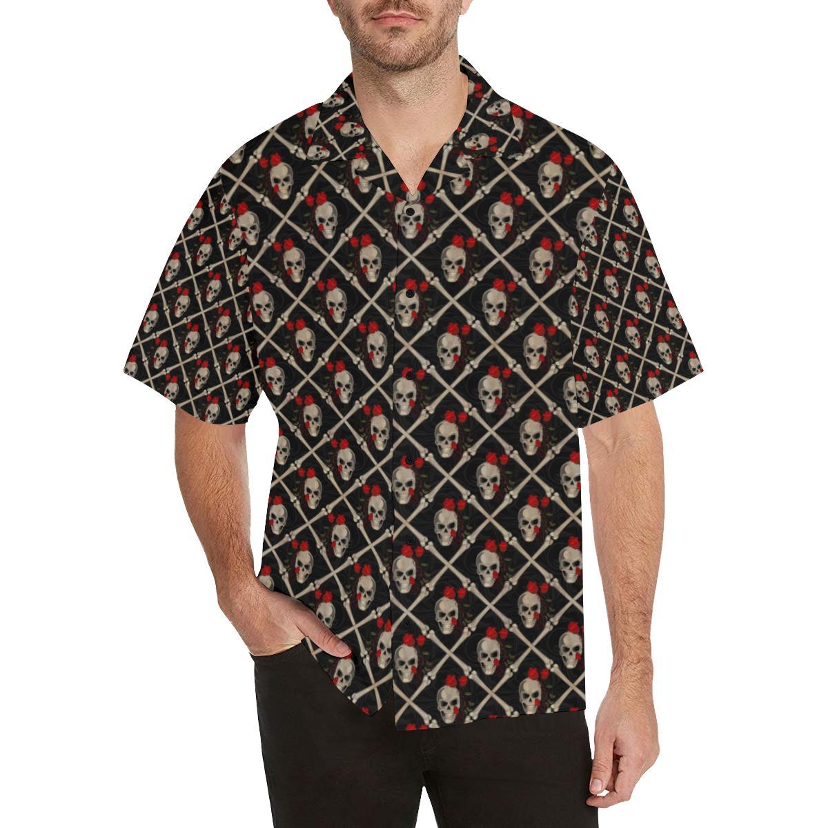 Skull Roses Bone Design Themed Print Hawaiian Shirt-1