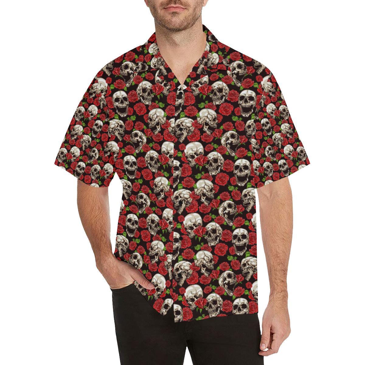 Skull Roses Design Themed Print Hawaiian Shirt
