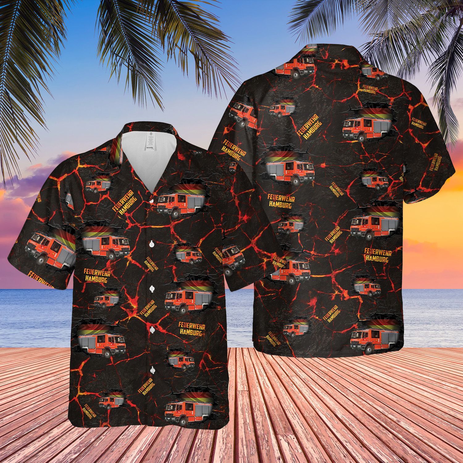 German Feuerwehr Hamburg Fire Truck  Black Unique Design Unisex Hawaiian Shirt