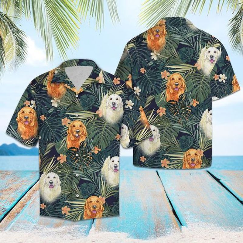 Golden Retriever Plants Gray Awesome Design Unisex Hawaiian Shirt