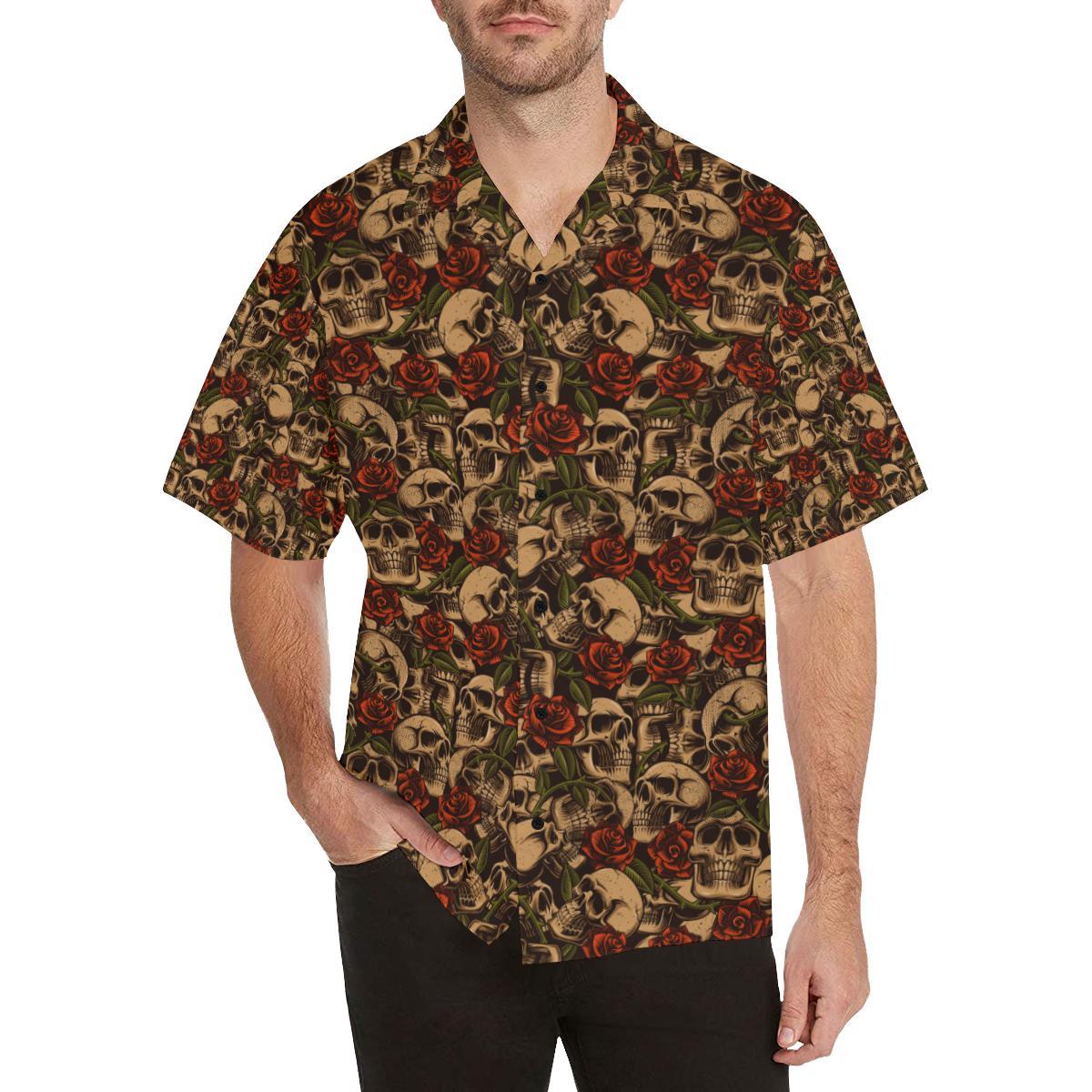 Skull Roses Vintage Design Themed Print Hawaiian Shirt