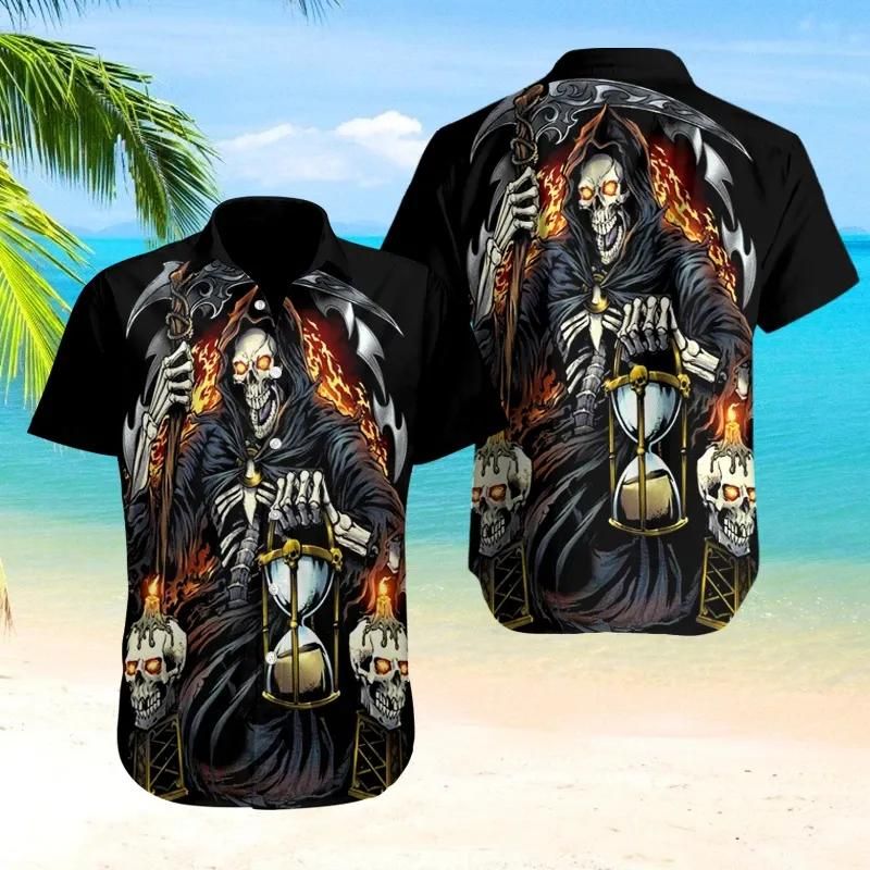 Skull Sgrim Reaper With Hourglass Aloha Hawaiian Shirt