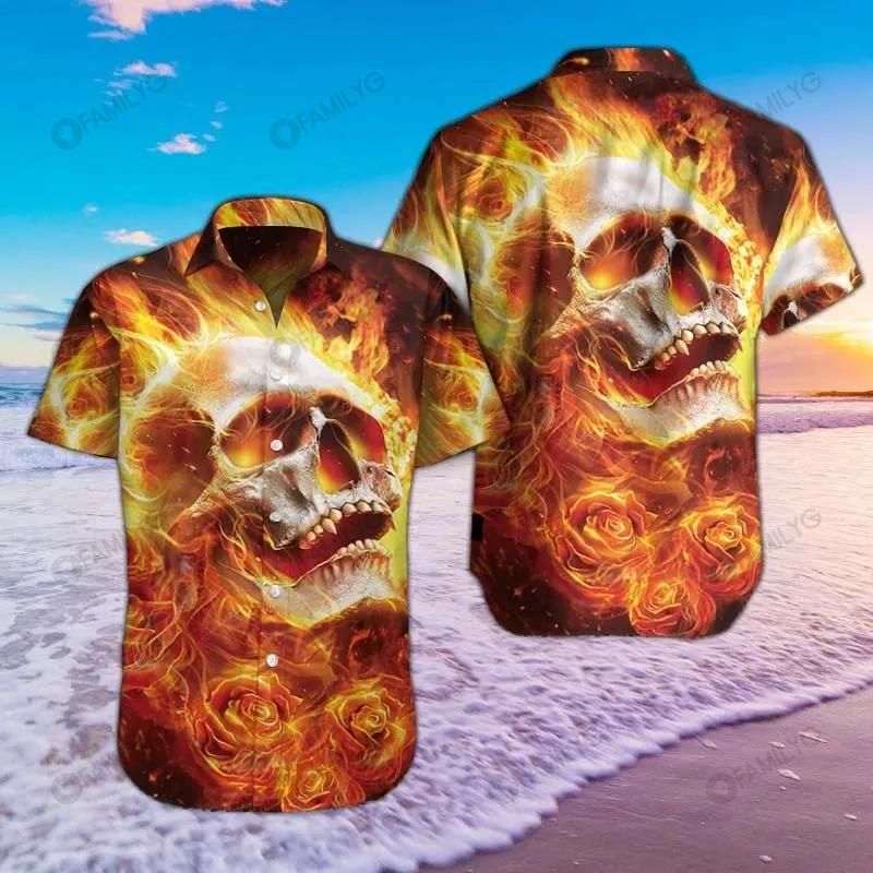 Skull Shirt – Fire Skull Orange Amazing Design Unisex Hawaiian Shirt Summer Hawaiian