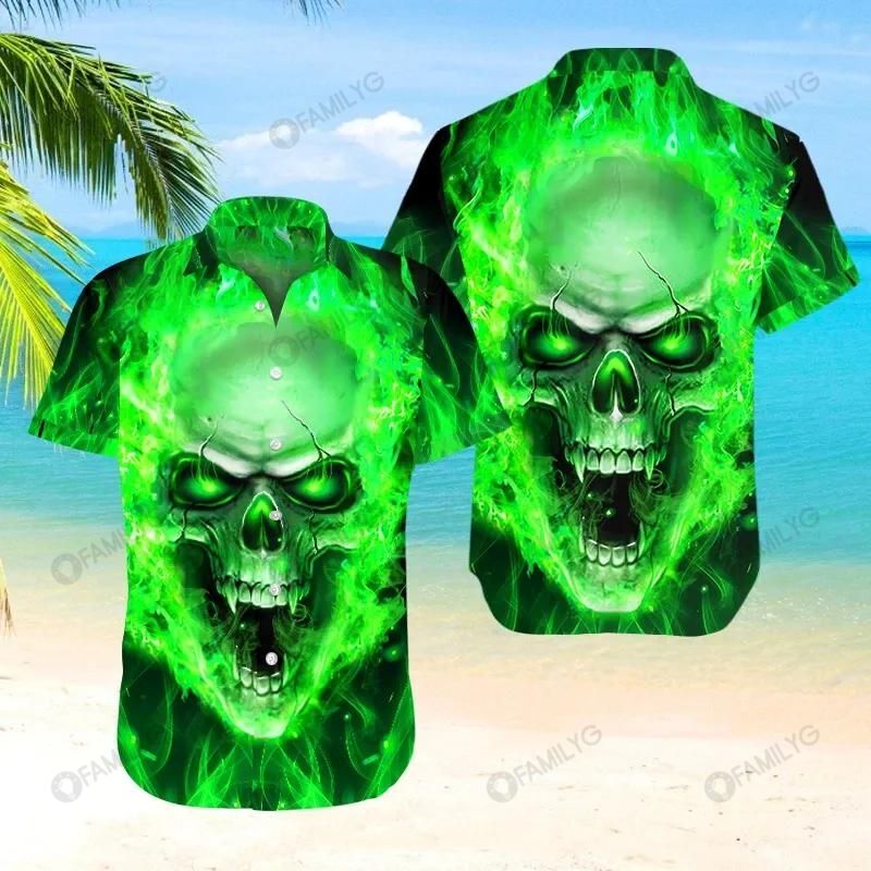 Skull Shirt – Skull Flaming Green Nice Design Unisex Hawaiian Shirt Summer Hawaiian For Men Women Couple