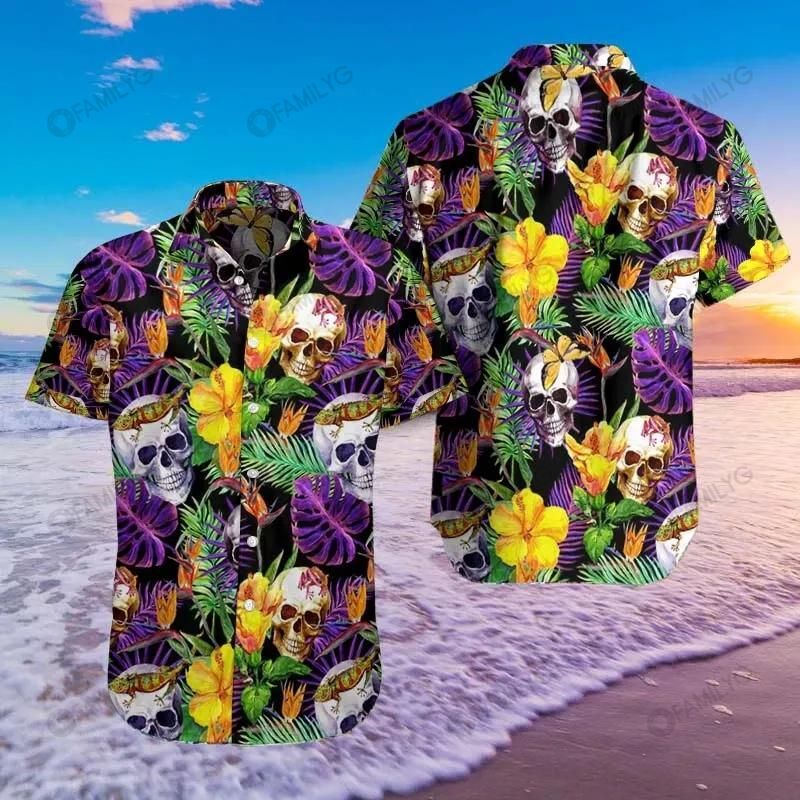 Skull Shirt – Skull Tropical Pattern Purple Best Design Unisex Hawaiian Shirt