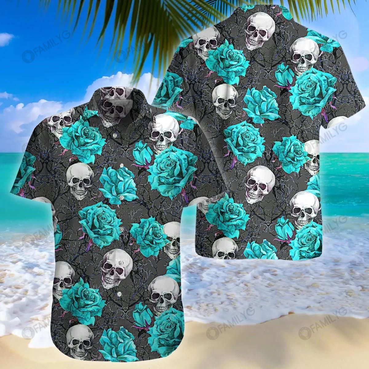 Skull Shirt – Turquoise Rose Skull Green Unique Design Unisex Hawaiian Shirt