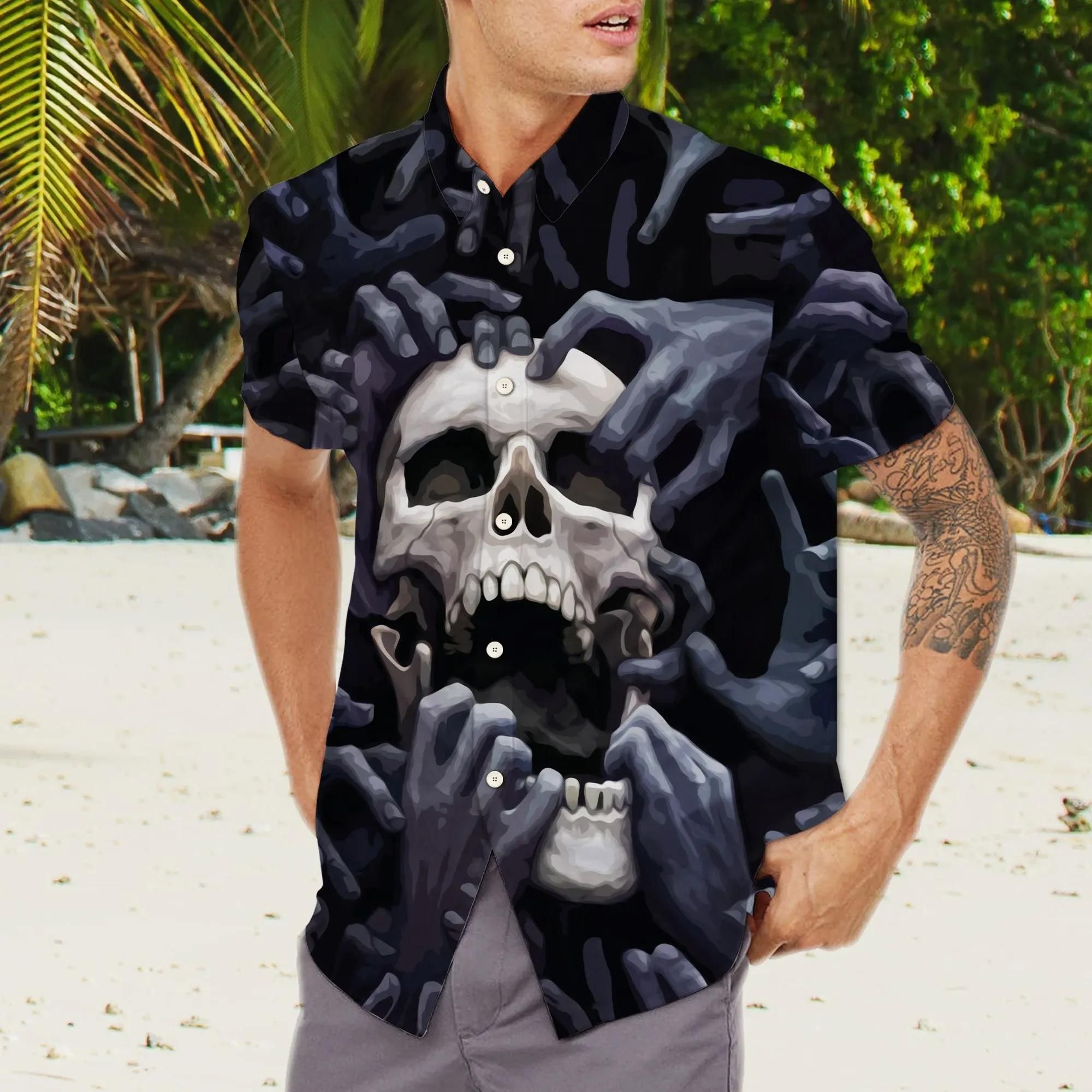 Skull Smoke Aloha Hawaiian Shirt Colorful Short Sleeve Summer Beach Casual Shirt