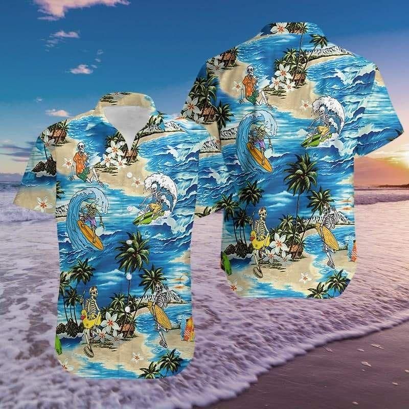 Skull Surfing Summer Vibe Tropical Aloha Hawaiian Shirt Colorful Short Sleeve Summer Beach