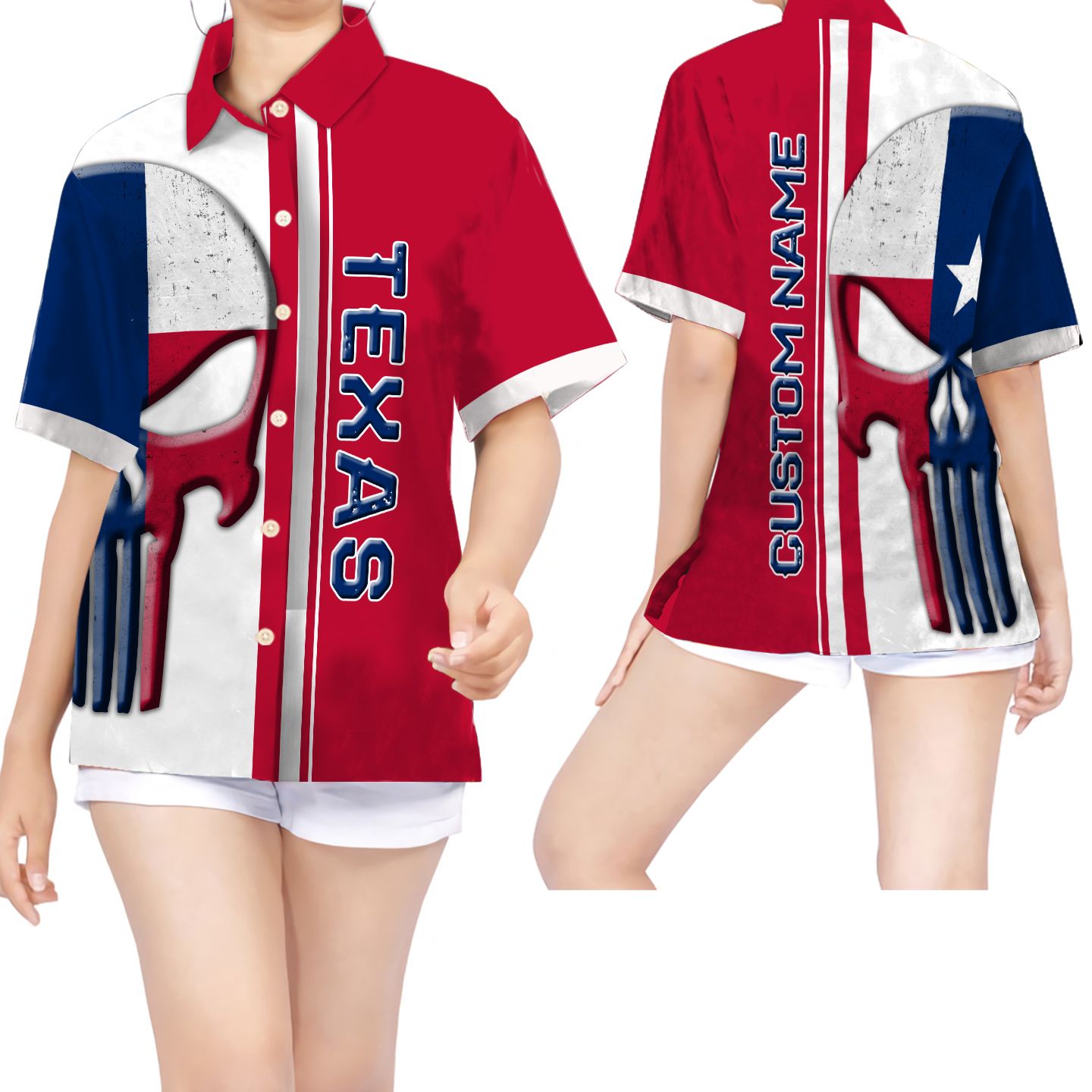 Skull Texas Flag Custom Name Hawaiian Shirt For Women For Texans-1