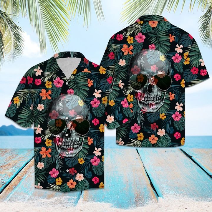 Skull Tropical Hawaiian Shirt Summer Button Up For Men Women Couple