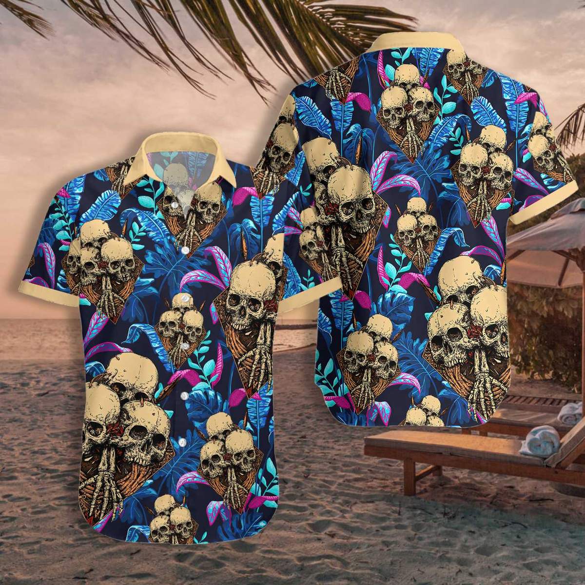 Skull Tropical Palm Leaves Hawaiian Shirt For Men Women Adult