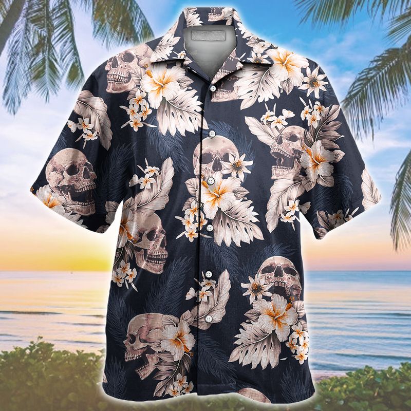 Skull Tropical Plan Pattern Hawaiian Shirt-1