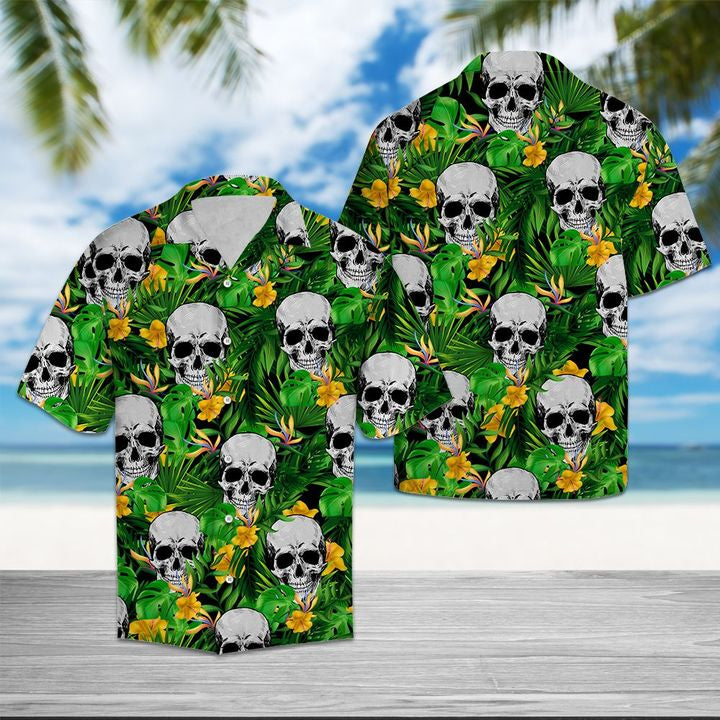 Skull Tropical Wild Flower Hawaiian Shirt Summer Button Up For Men Women Couple