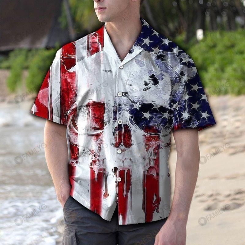 Skull Usa Flag Pattern Blue Red Best Design Unisex Hawaiian Shirt