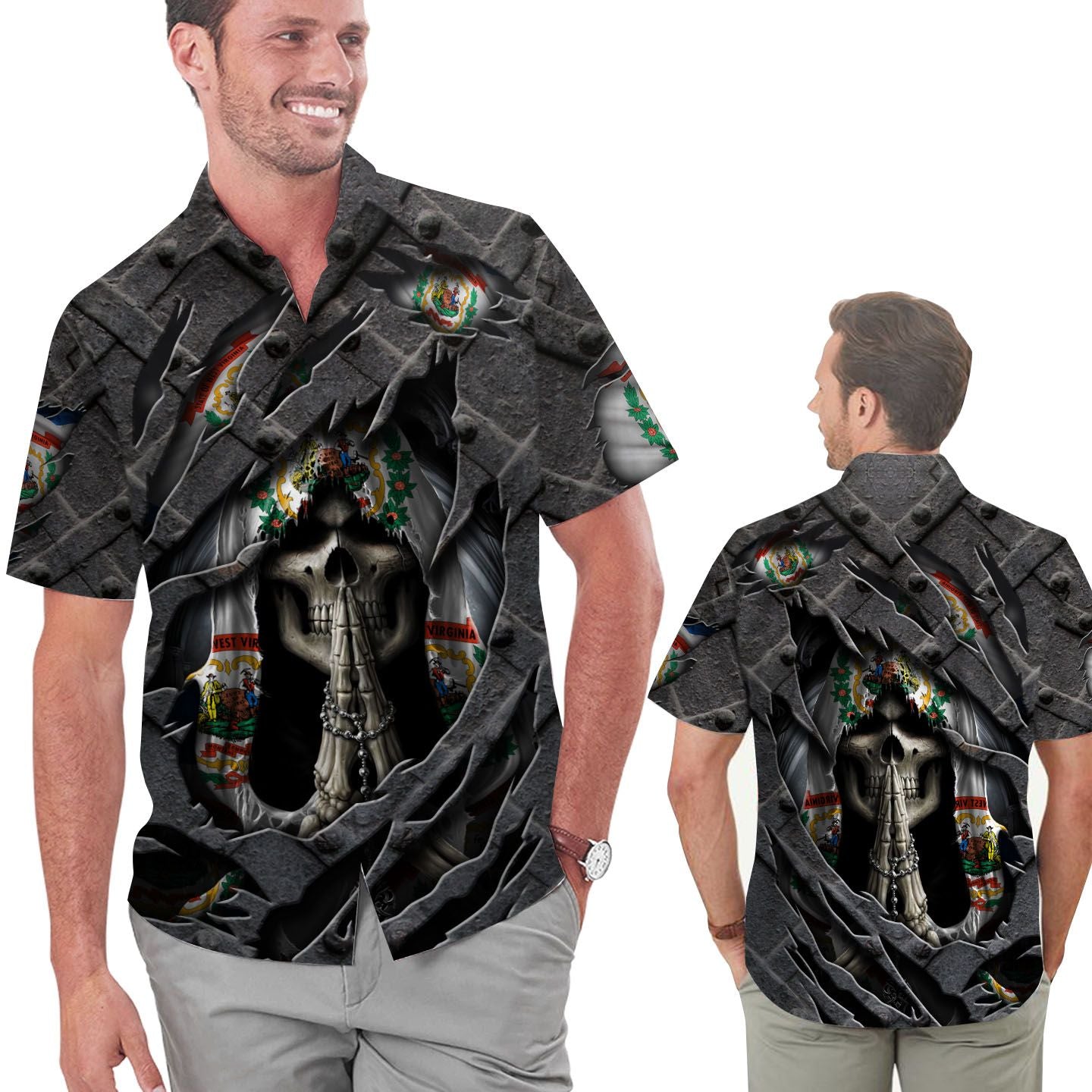 Skull West Virginia Flag Cracked Metal Men Hawaiian Shirt Summer Shirt