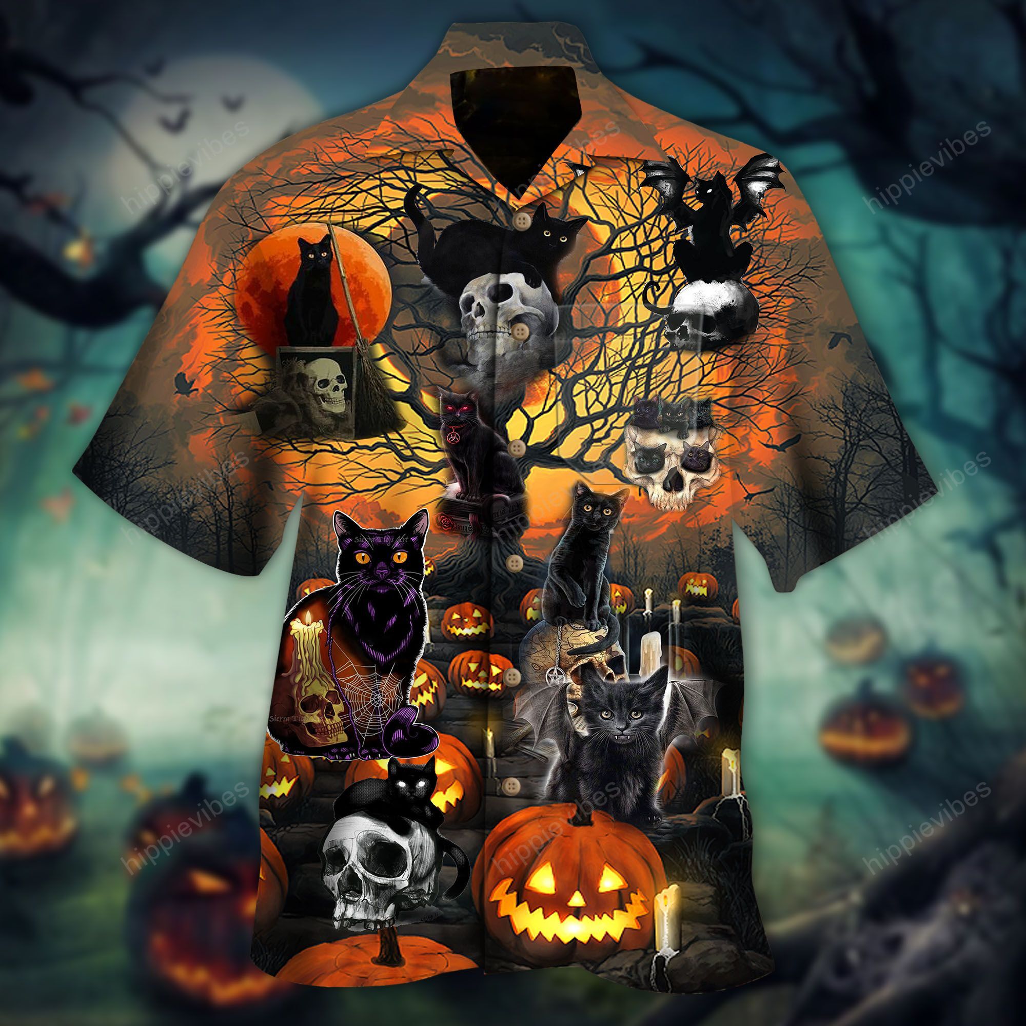 Skull With Black Cat Halloween Hawaiian Shirt