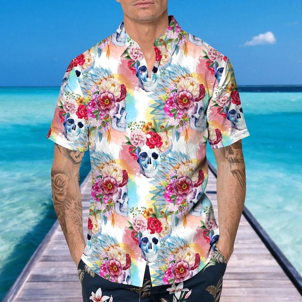 Skull With Colorful Flowers Hawaiian Shirt