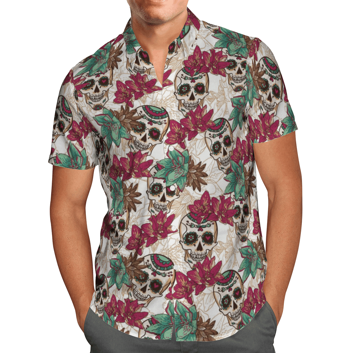 Skull With Flower Colorful Nice Design Unisex Hawaiian Shirt