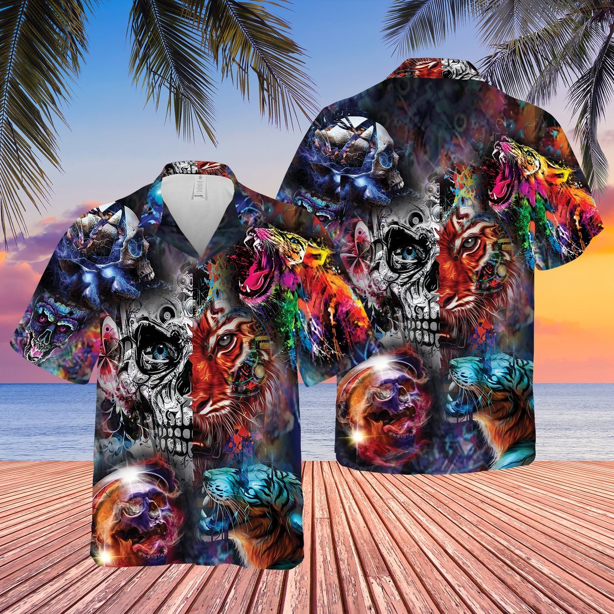 Skull With Tiger Colorful Hawaii Shirts Hawaiian Shirt For Men Hawaiian Shirt