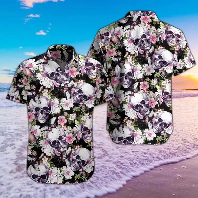 Skulls Flowers Birds Butterflies Aloha Hawaiian Shirt Colorful Short Sleeve Summer Beach Casual