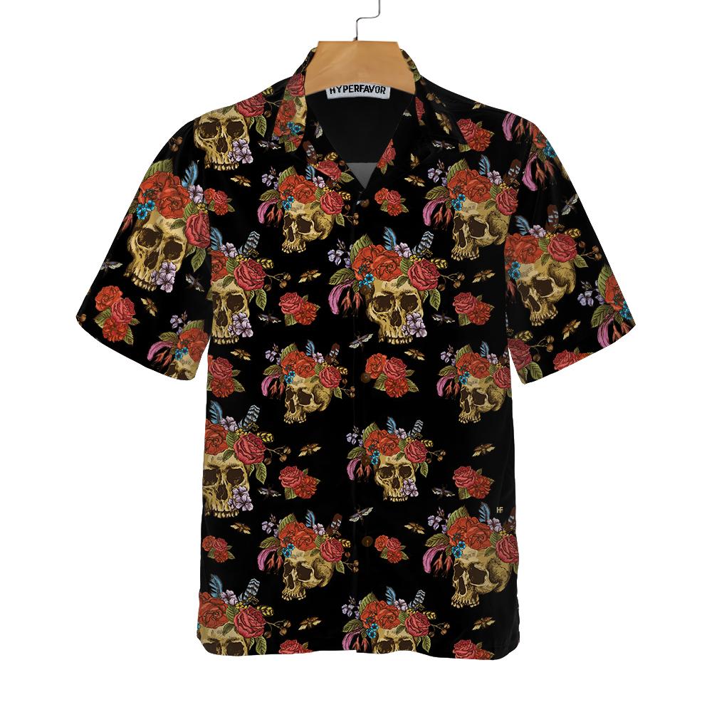 Skulls Flowers Day Of The Dead Hawaiian Shirt Vintage Skull And Red Roses Shirt