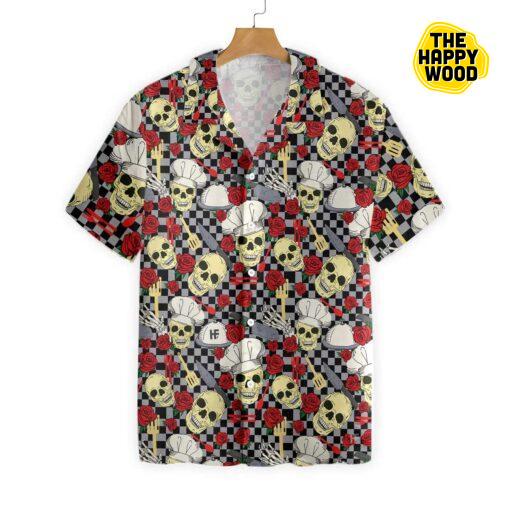 Skulls In Chef Hats And Red Roses Patterned Hawaiian Hawaii Shirt
