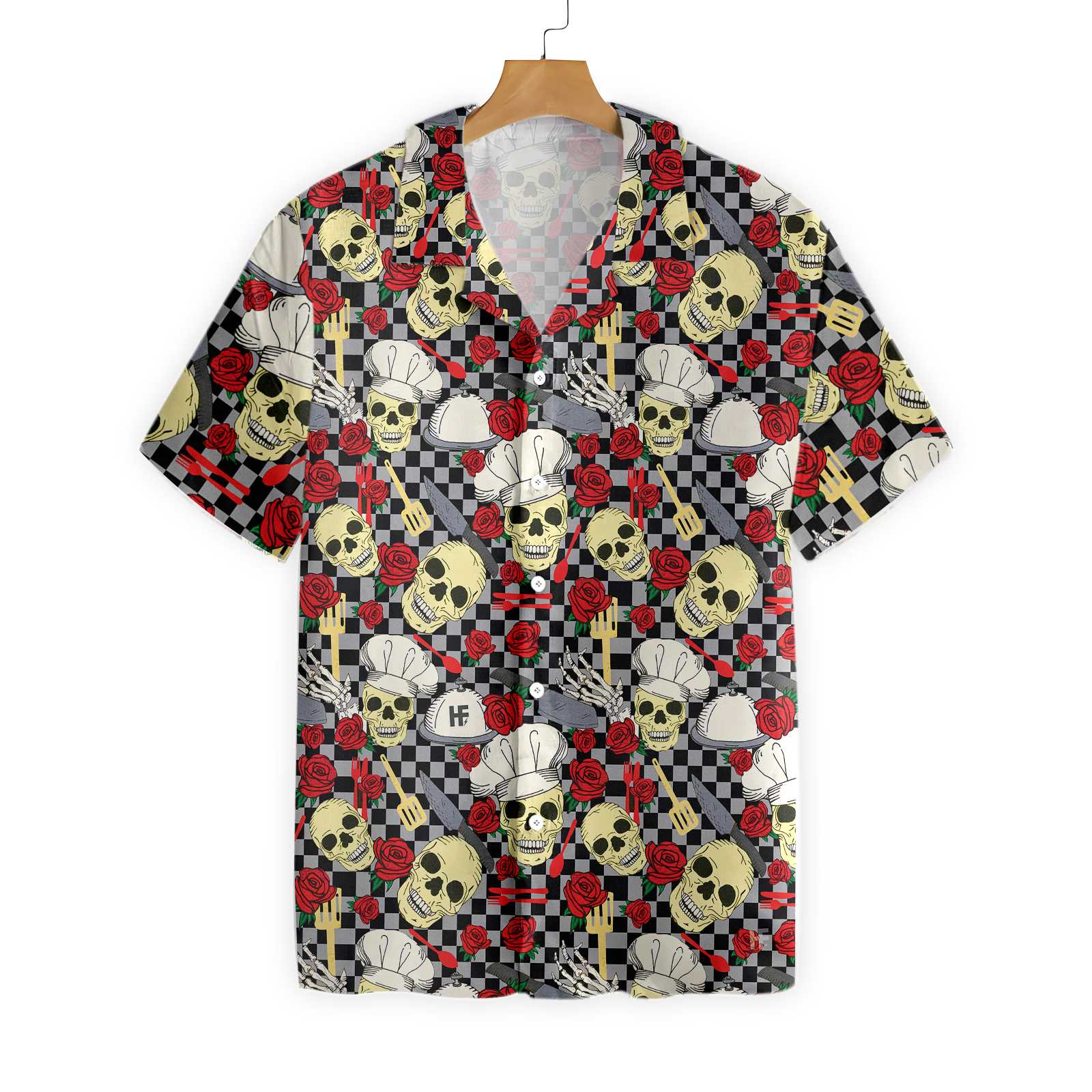 Skulls In Chef Hats And Red Roses Patterned Hawaiian Shirt