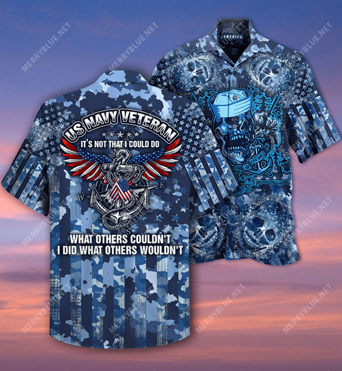 Soldier Veteran Navy Skull Camo Hawaiian Aloha Shirts