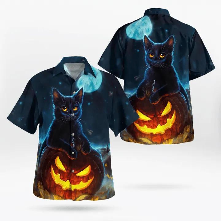 Starry Night Fullmoon Black Cat Spooky Pumpkin Halloween Hawaiian Shirt