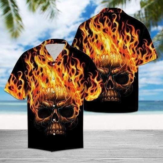 Strong Burning Skull Aloha Hawaiian Shirt Colorful Short Sleeve Summer Beach Casual Shirt
