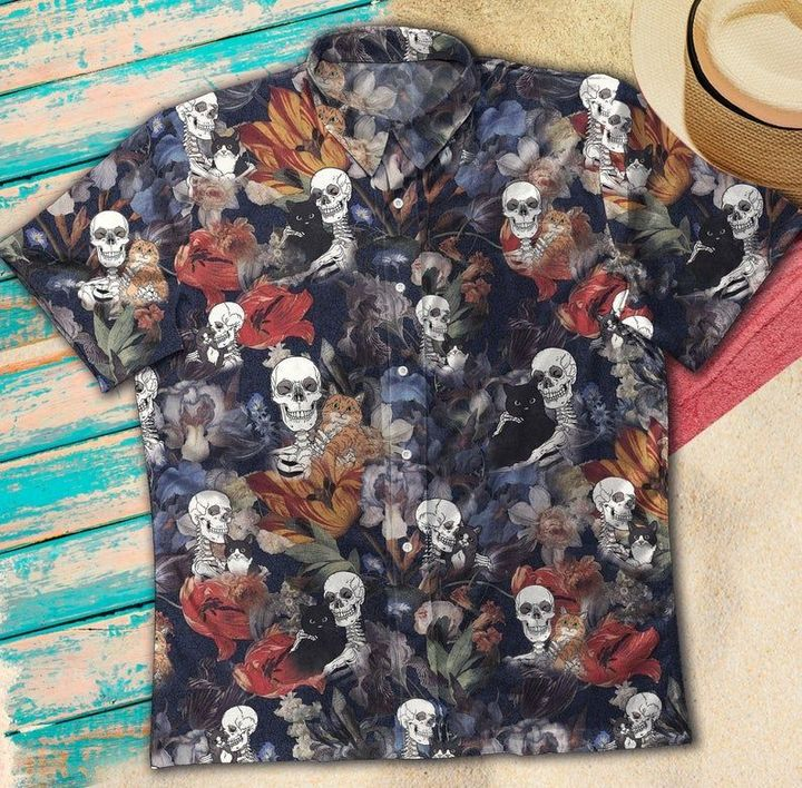 Sugar Skull And Black Cat Tropical Hawaiian Shirt Crazy Funny Hawaiian Shirt