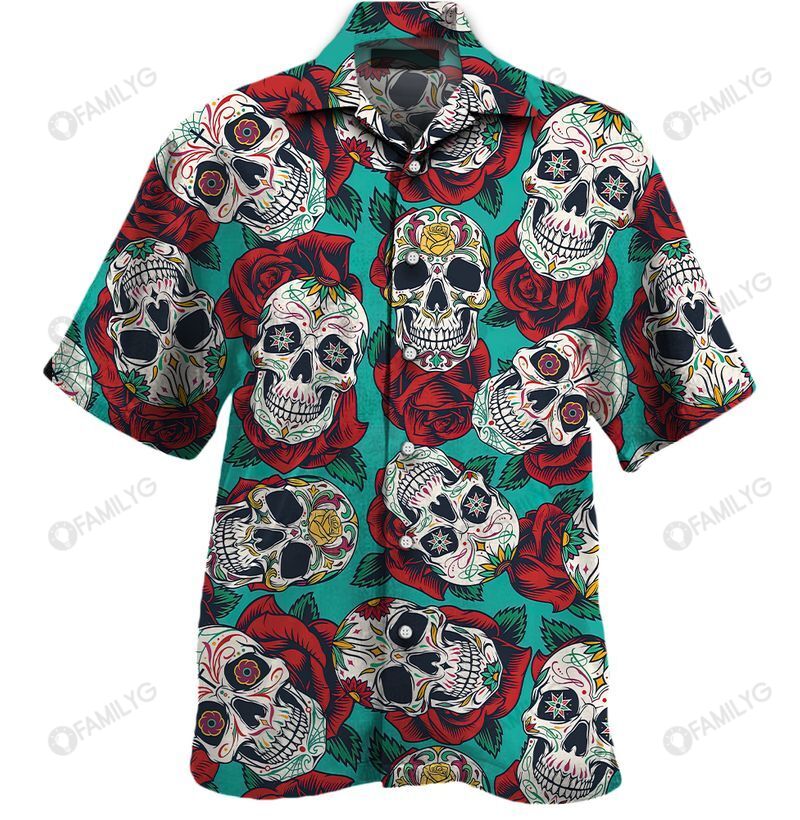 Sugar Skull And Rose Art Unisex Hawaiian Shirt Summer Hawaiian