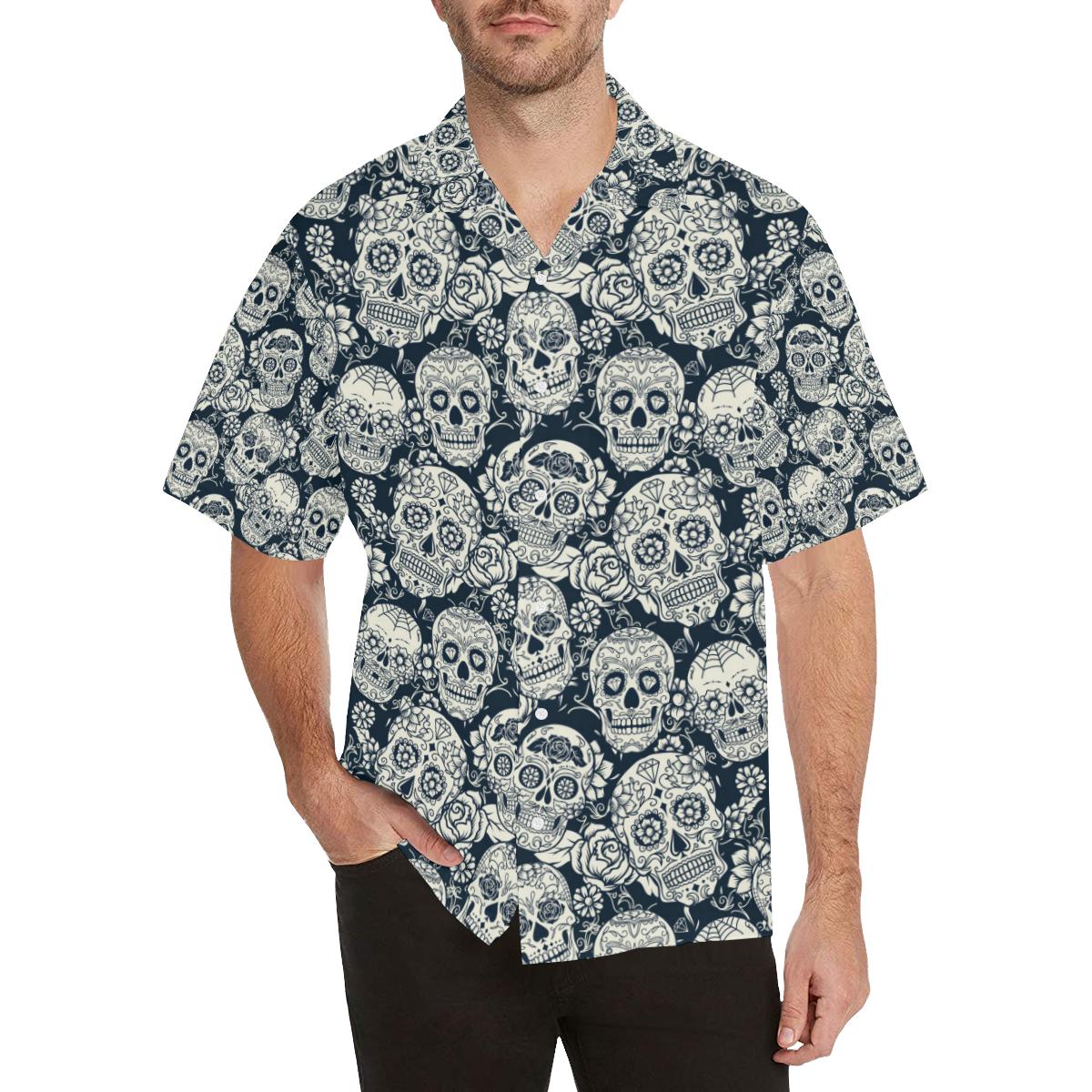 Sugar Skull Black White Pattern Mens All Over Print Hawaiian Shirt