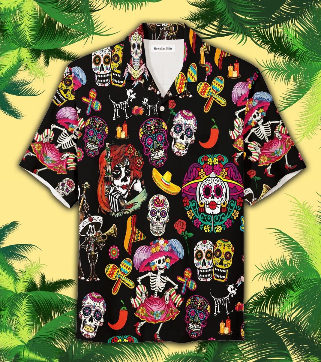 Sugar Skull Calavera Guns And Roses Unisex Hawaiian Aloha Shirt
