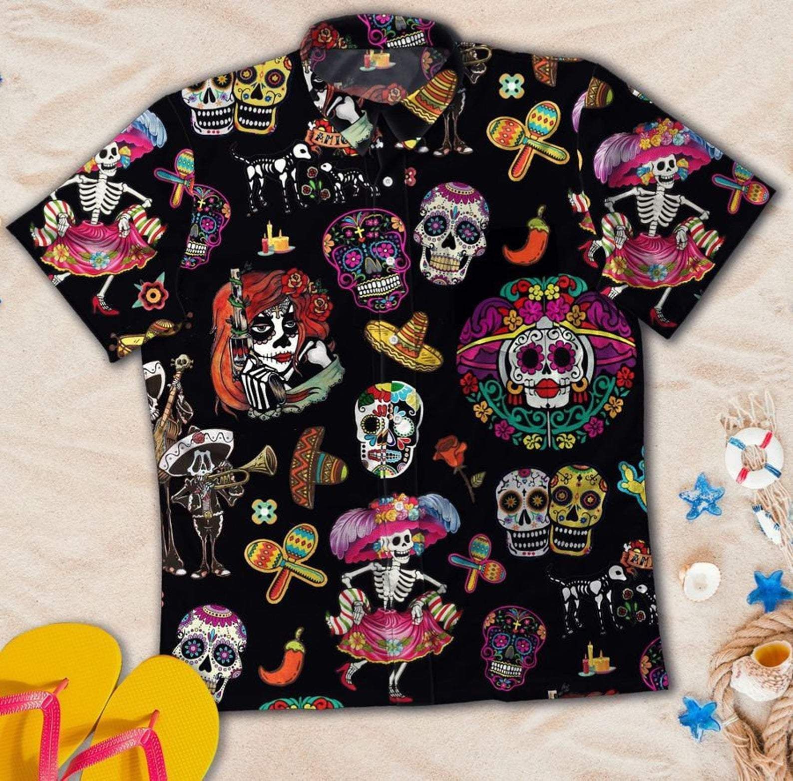 Sugar Skull Calavera Guns And Roses Unisex Hawaiian Shirts Dh-1