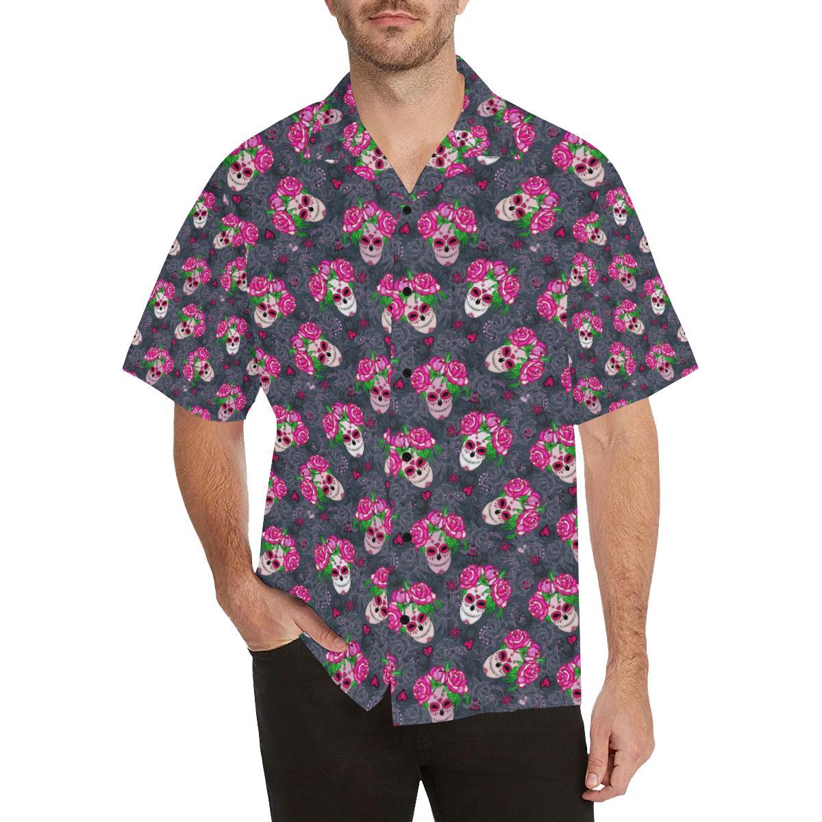 Sugar Skull Pink Rose Themed Print Hawaiian Shirt-1
