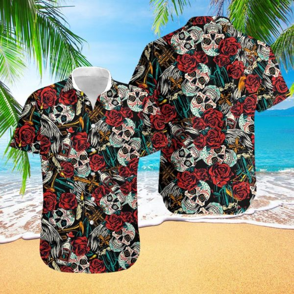 Sugar Skull Red Flower Hawaiian Shirt Crazy Funny Hawaiian Shirt