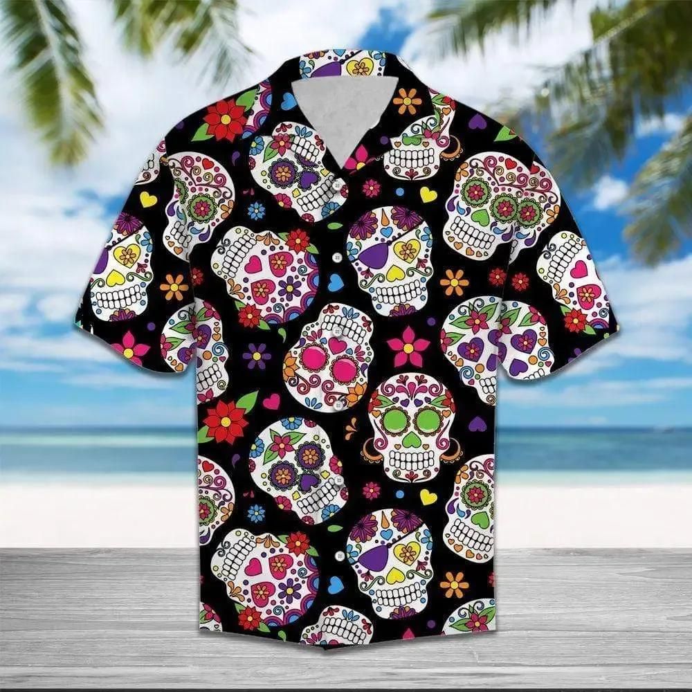 Sugar Skull Tropical Aloha Hawaiian Shirt Colorful Short Sleeve Summer Beach
