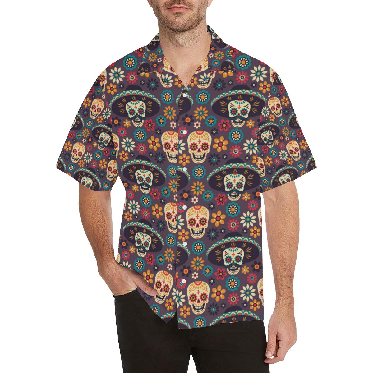 Sugar Skulls Flower Maxican Pattern Mens All Over Print Hawaiian Shirt