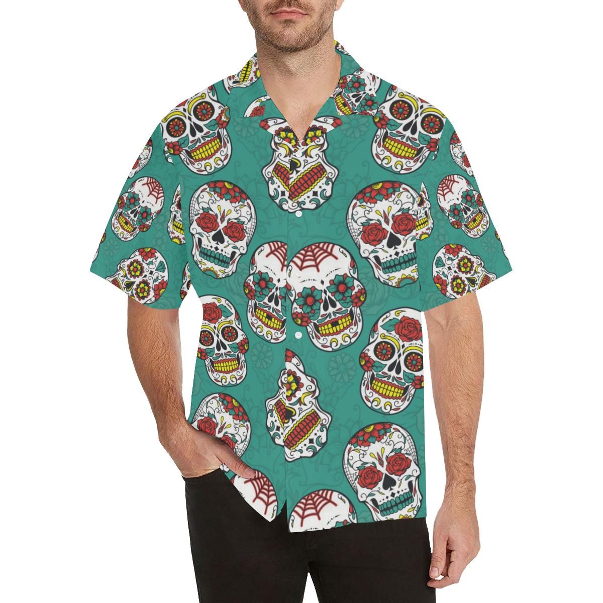 Suger Skull Pattern Green Background Mens All Over Print Hawaiian Aloha Shirt