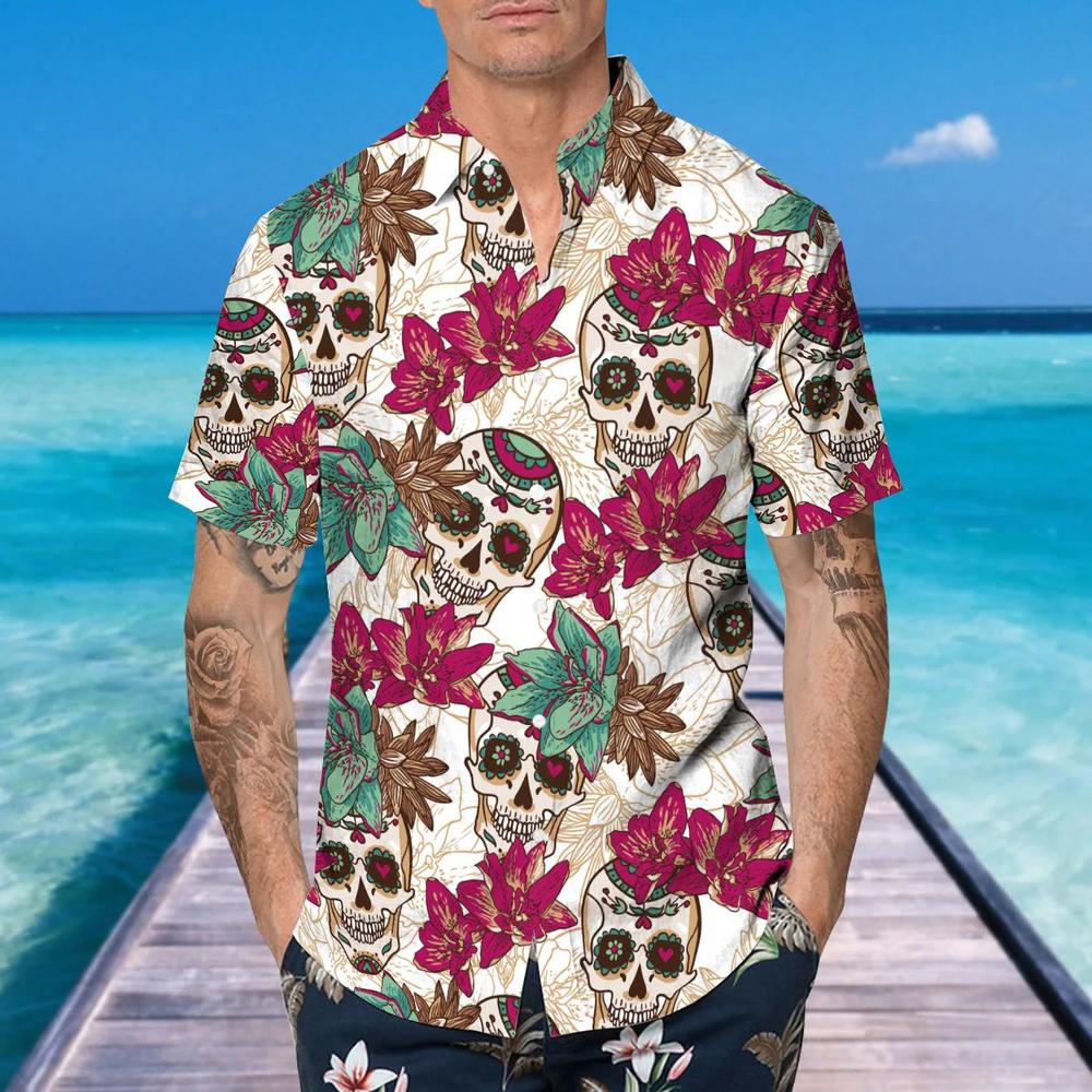 Summer Sugar Skull Hawaiian Shirt T