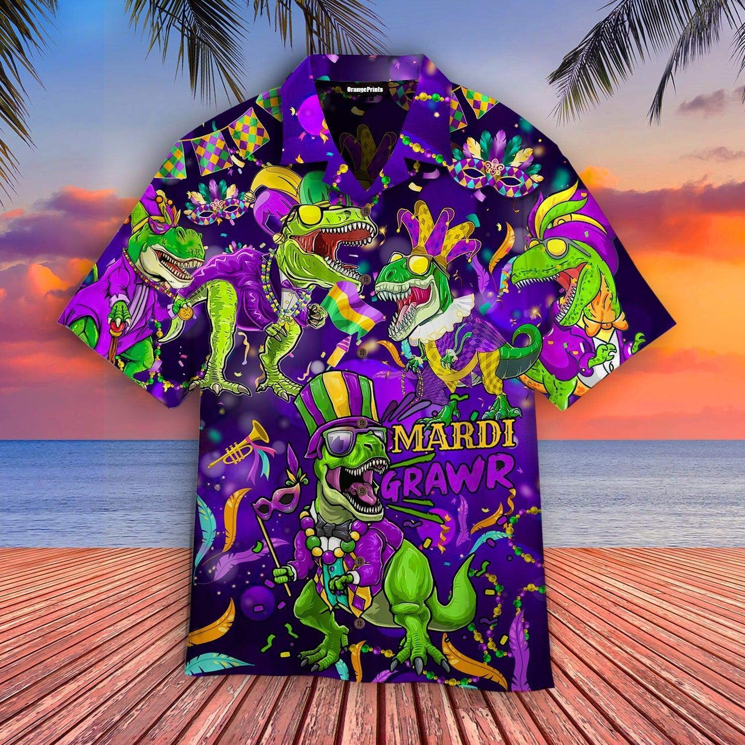 T Rex Dinosaur Mardi Gras Fat Tuesday Carnival Hawaiian Shirt