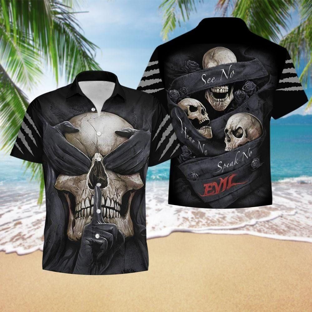 Three Wise Skulls See Hear Speak No Evil Gothic Aloha Hawaiian Shirt